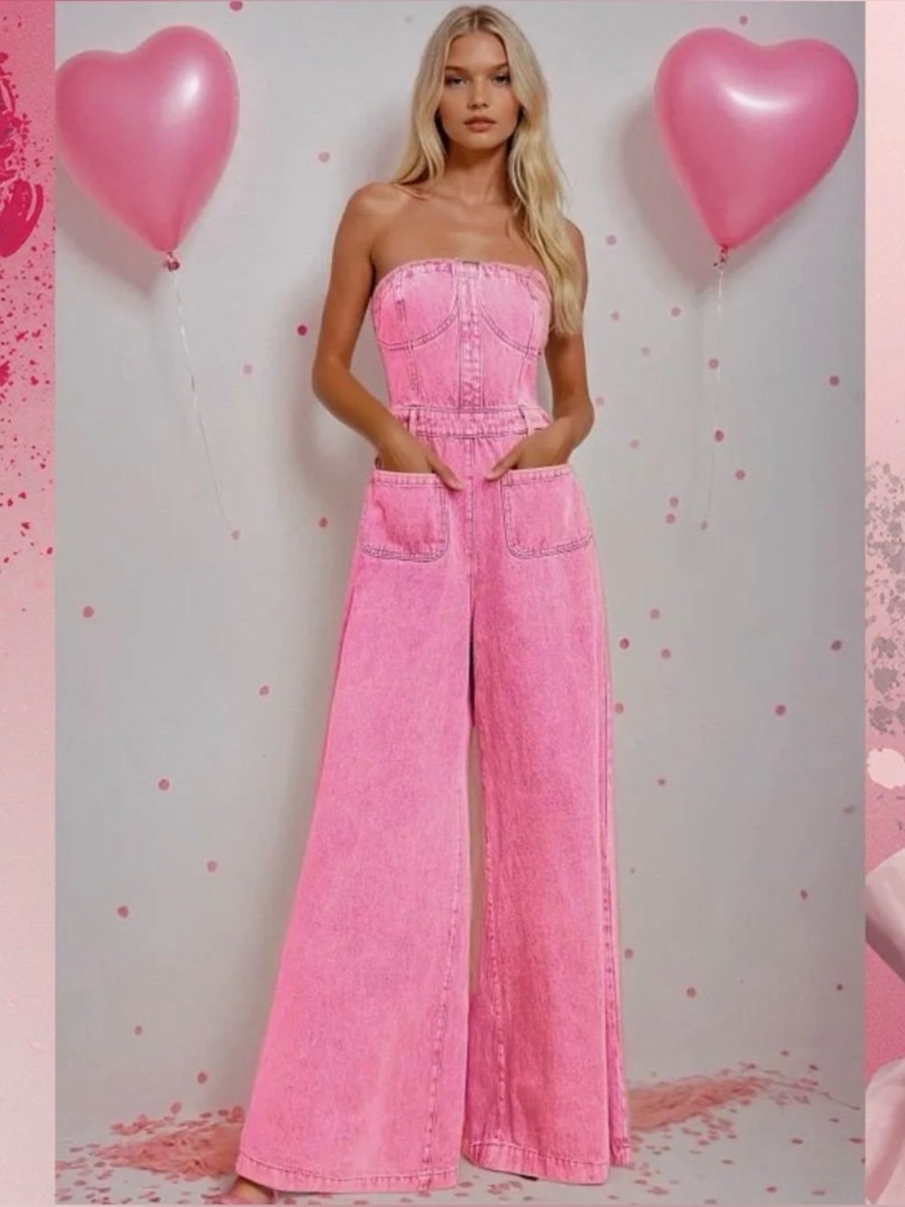 Strapless Pink Wide-Leg Denim Jumpsuit